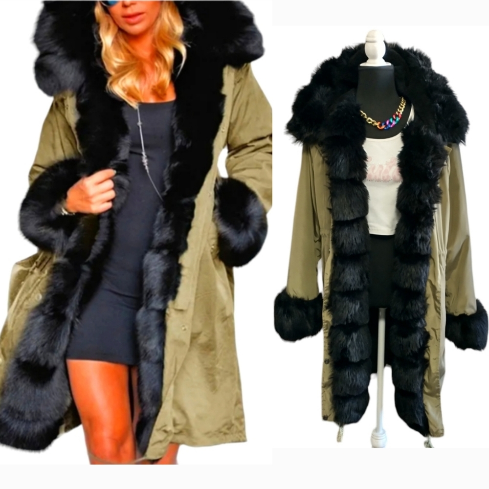 Roiii Winter Coat Luxury Women's (Faux Fur) Hooded Long Jacket. (Size/ M) - Picture 2 of 15